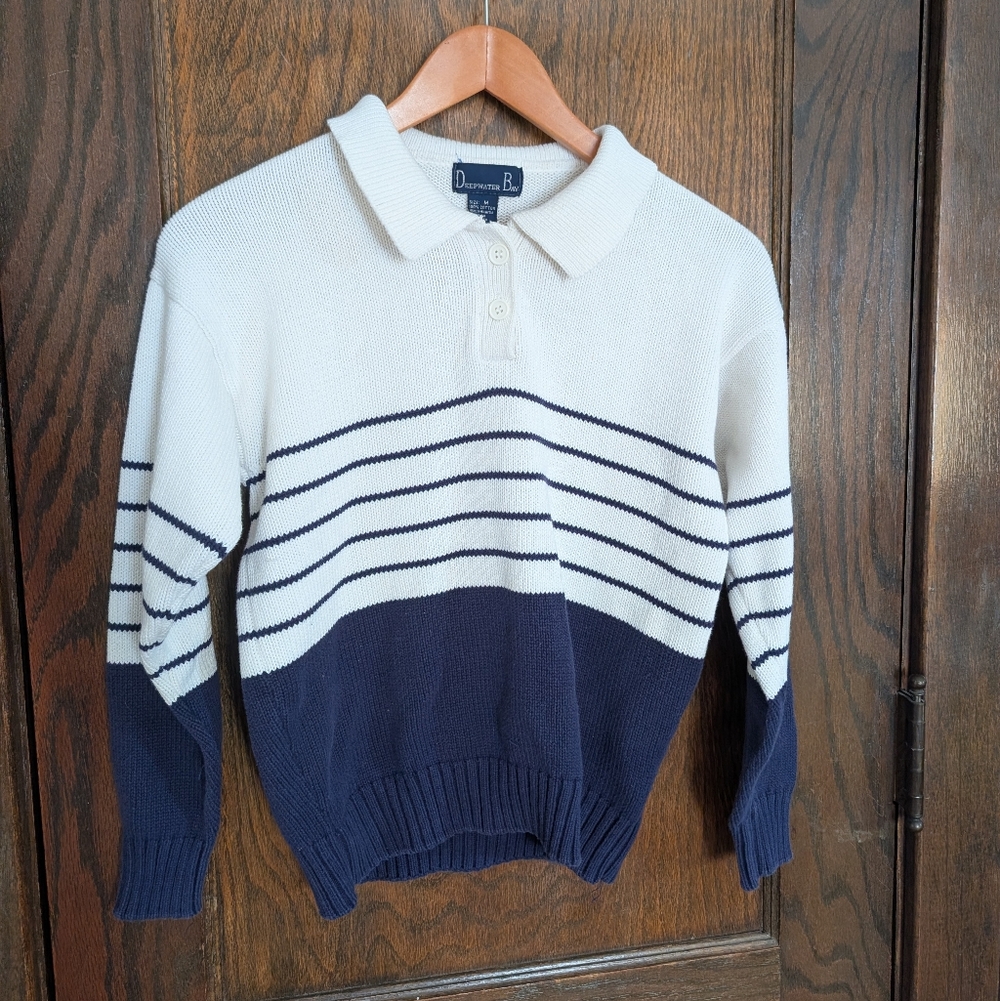 Vintage 100% Cotton Polo Sweater White And Navy Striped Cropped